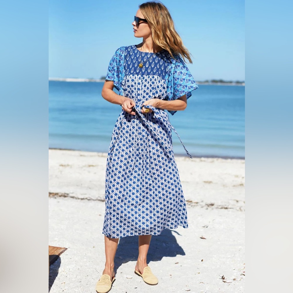 NWT-Emerson Fry Basalie Midi Dress in Patchwork Blue- size Large L
